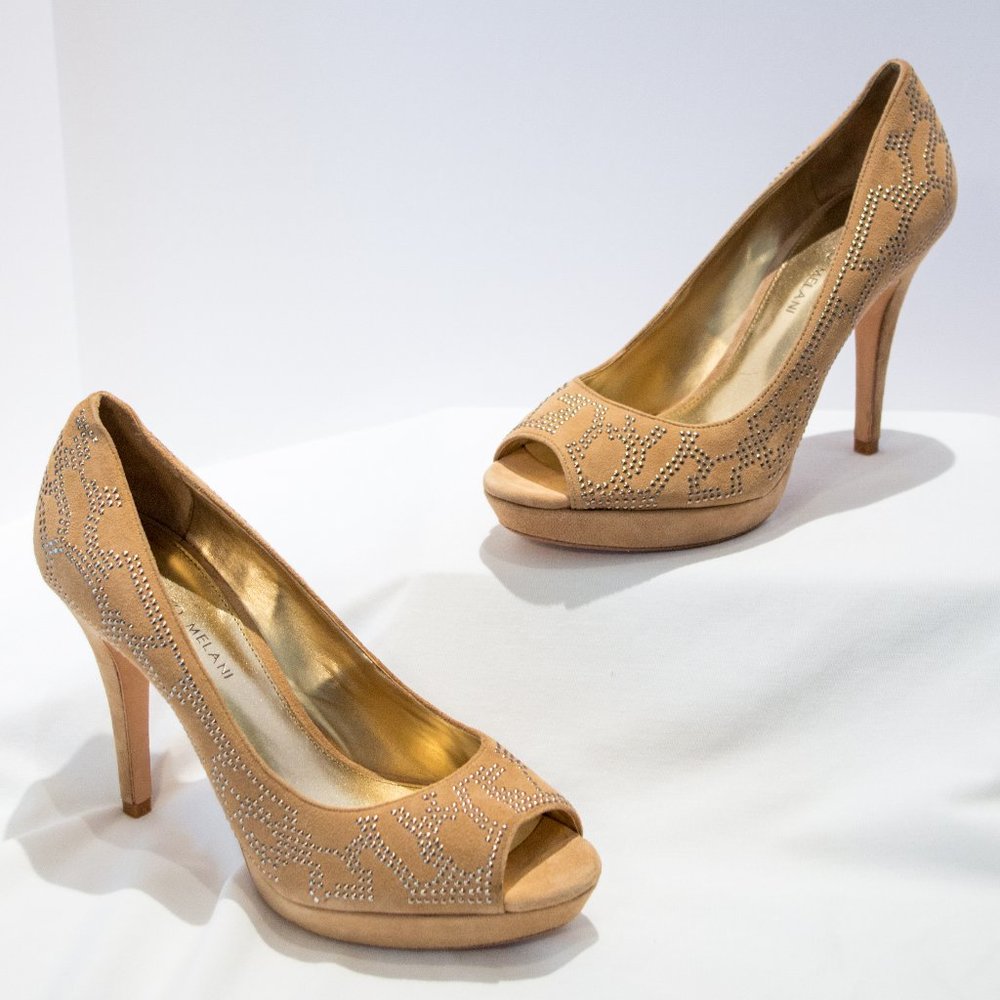Antonio Melani Beige Studded Leather Hight Heel Peep Toe Shoes Size 9 M